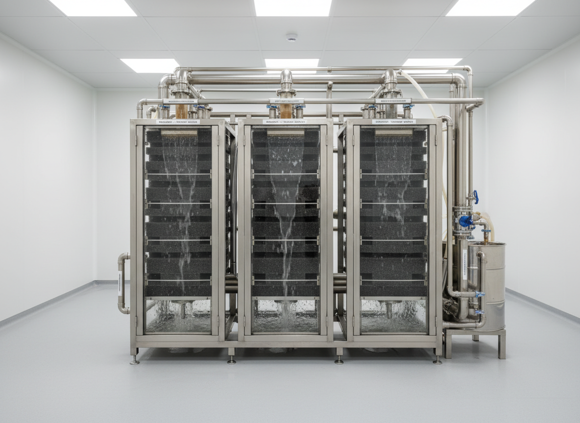 An advanced stainless-steel DHS (Downflow Hanging Sponge) bioreactor unit dedicated to agricultural wastewater treatment, its modular rectangular columns filled with textured sponge media arranged in vertical layers. Clear acrylic panels on one side reveal water trickling downward through the sponges, capturing subtle ripples and air bubbles. The system is installed in a spotless pilot plant room with light gray epoxy flooring and neatly labeled pipework feeding in slightly turbid water and discharging crystal-clear effluent. Bright, diffused overhead lighting ensures uniform illumination, producing minimal shadows and a highly professional, technical mood. Captured from a straight-on, slightly elevated angle with sharp focus and clean, modern photographic realism, the image highlights innovative water treatment technology for sustainable irrigation.