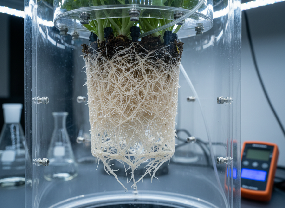 A close-up photographic view of plant roots suspended in midair inside a vertical aeroponic chamber, coated with a fine network of white root hairs and glistening droplets of nutrient solution. The transparent polycarbonate wall reveals calibrated spray nozzles and thin irrigation lines around the roots. The background shows an out-of-focus laboratory bench with labeled glass flasks and a compact data logger. Cool, even LED lighting from above and the sides creates gentle highlights on the moisture and a clinical, controlled atmosphere. Shot with a macro lens and very shallow depth of field, the composition isolates the roots in the center, evoking precision, efficiency, and the scientific optimization of agricultural water use.