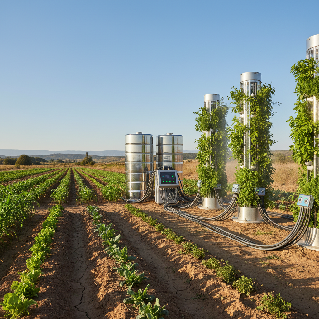 A meticulously organized experimental plot showing contrasting rows of conventional soil-grown crops beside sleek vertical aeroponic columns, each densely covered in lush green foliage. The setting is a semi-arid research field with dry, ochre soil and distant low hills, backed by a clear blue sky. Stainless-steel water tanks and a compact control unit with indicator lights sit between the systems, connected by tidy hoses. Late afternoon sunlight casts warm, directional light, accentuating the contrast between parched ground and vigorous plants. Captured at eye level with a wide-angle lens, the composition follows the rule of thirds, maintaining sharp focus throughout to highlight water-saving innovation in agriculture with a clean, documentary photographic style.