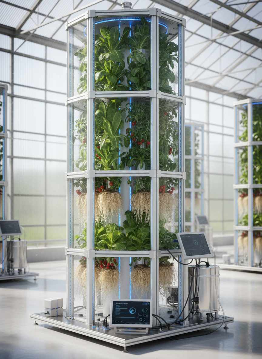 A high-tech vertical aeroponic tower cultivated with vibrant green lettuce and tomato plants, each root system exposed and gently misted inside a translucent chamber. The tower stands on a clean, white epoxy floor inside a modern agricultural research greenhouse, surrounded by neatly arranged sensor modules, slim water tubes, and stainless-steel reservoirs. Bright, diffused daylight filters through the greenhouse panels, creating soft reflections on the moist roots and glossy leaves. The photographic realism emphasizes crisp textures and fine droplets, with a slightly elevated, three-quarter angle and moderate depth of field so that the main tower is in sharp focus while surrounding equipment softly blurs, conveying an innovative yet professional atmosphere of sustainable agricultural science.